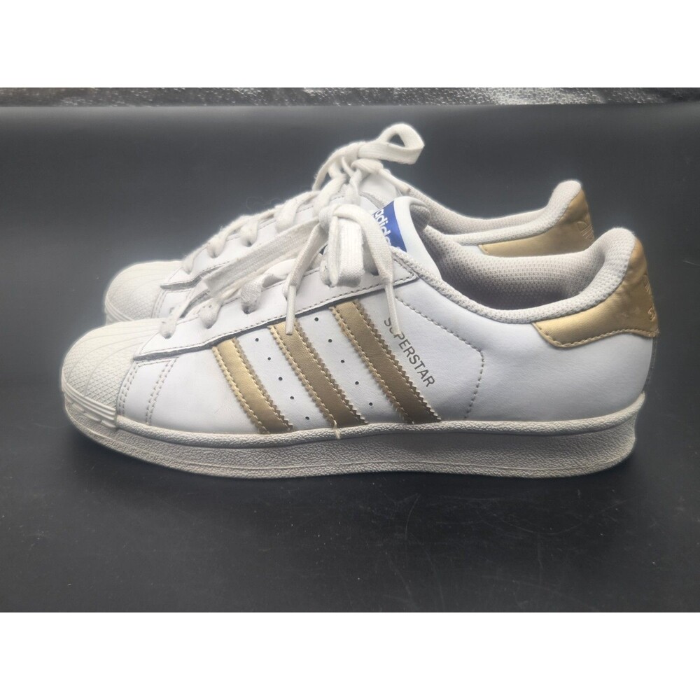 Size 6 - Adidas Superstar White Gold Stripe Lace Up Sneakers